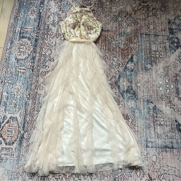 Nights by Teeze Me Champagne Floral Chiffon Tiered Ruffle Gown Size 7 Formal - Picture 8 of 12